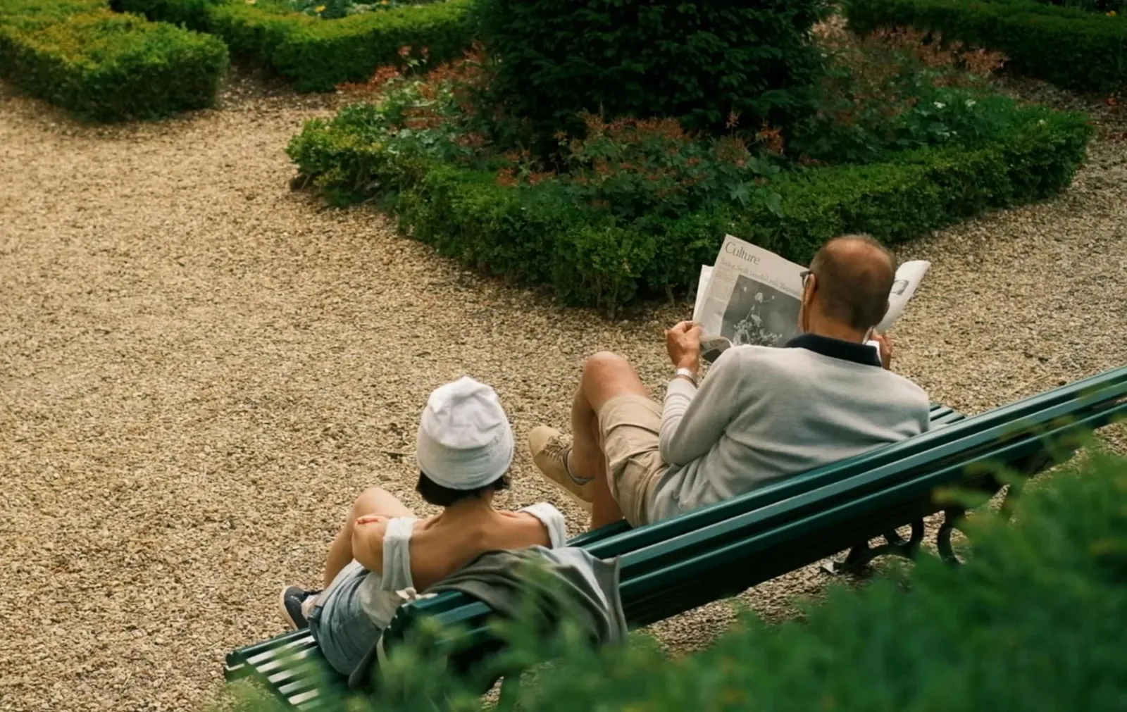 Two people in a Parisian garden taken on the Fujifilm X-T30 II and the Classic Cinema film recipe