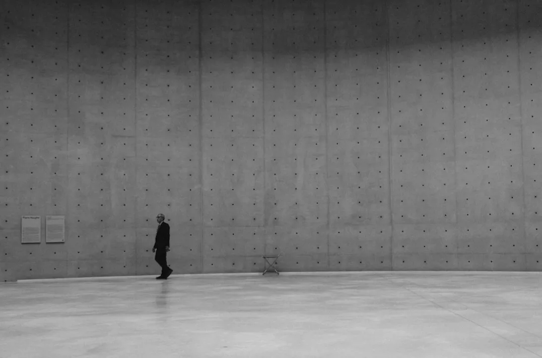 Inside Bourse de Commerce, Pinault Collection, black and white photo.