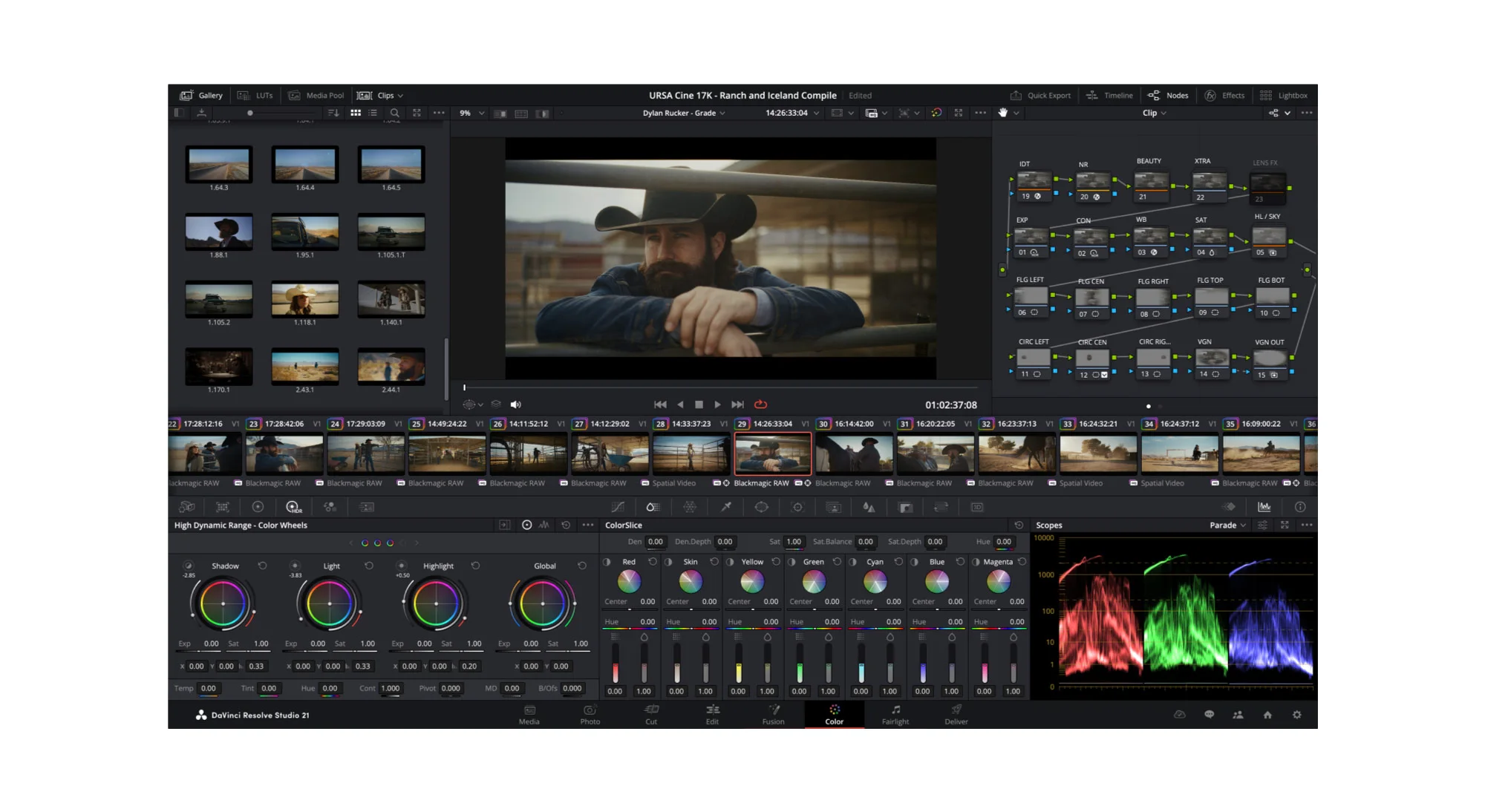 DaVinci Resolve 21.1 Color page showing multi-master HDR trim controls and color grading