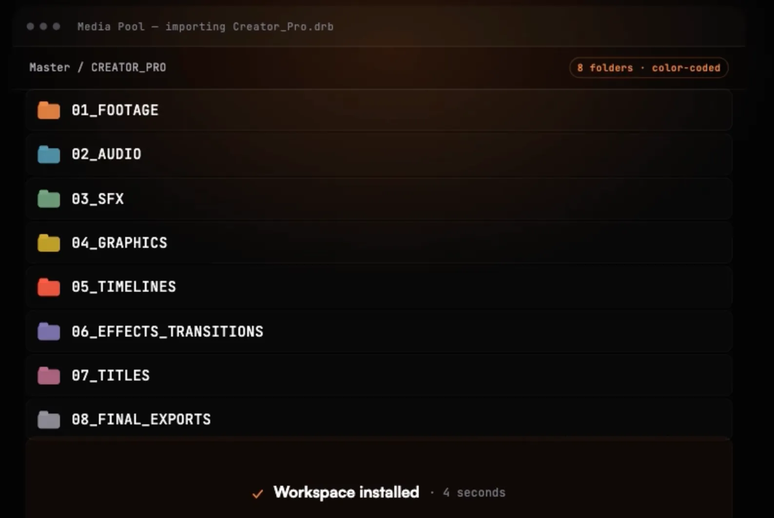 Pre organized workspace for DaVinci Resolve - Creator Pro
