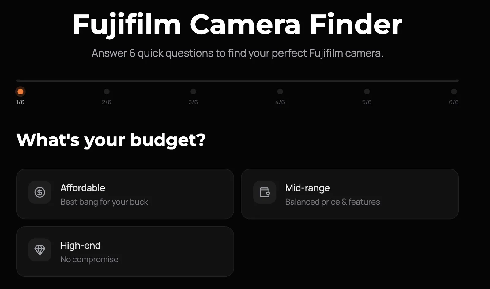 The Fujifilm Camera Finder tool asking for a budget across affordable, mid-range and high-end