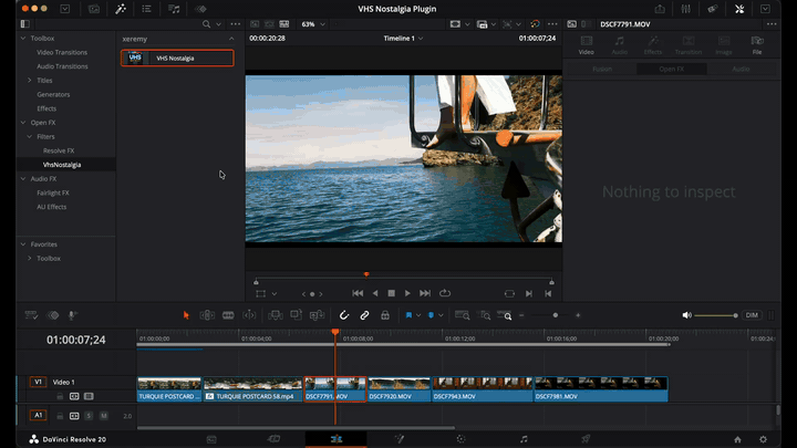VHS Nostalgia OpenFX plugin preview of VHS and CRT signal emulation applied to footage in DaVinci Resolve