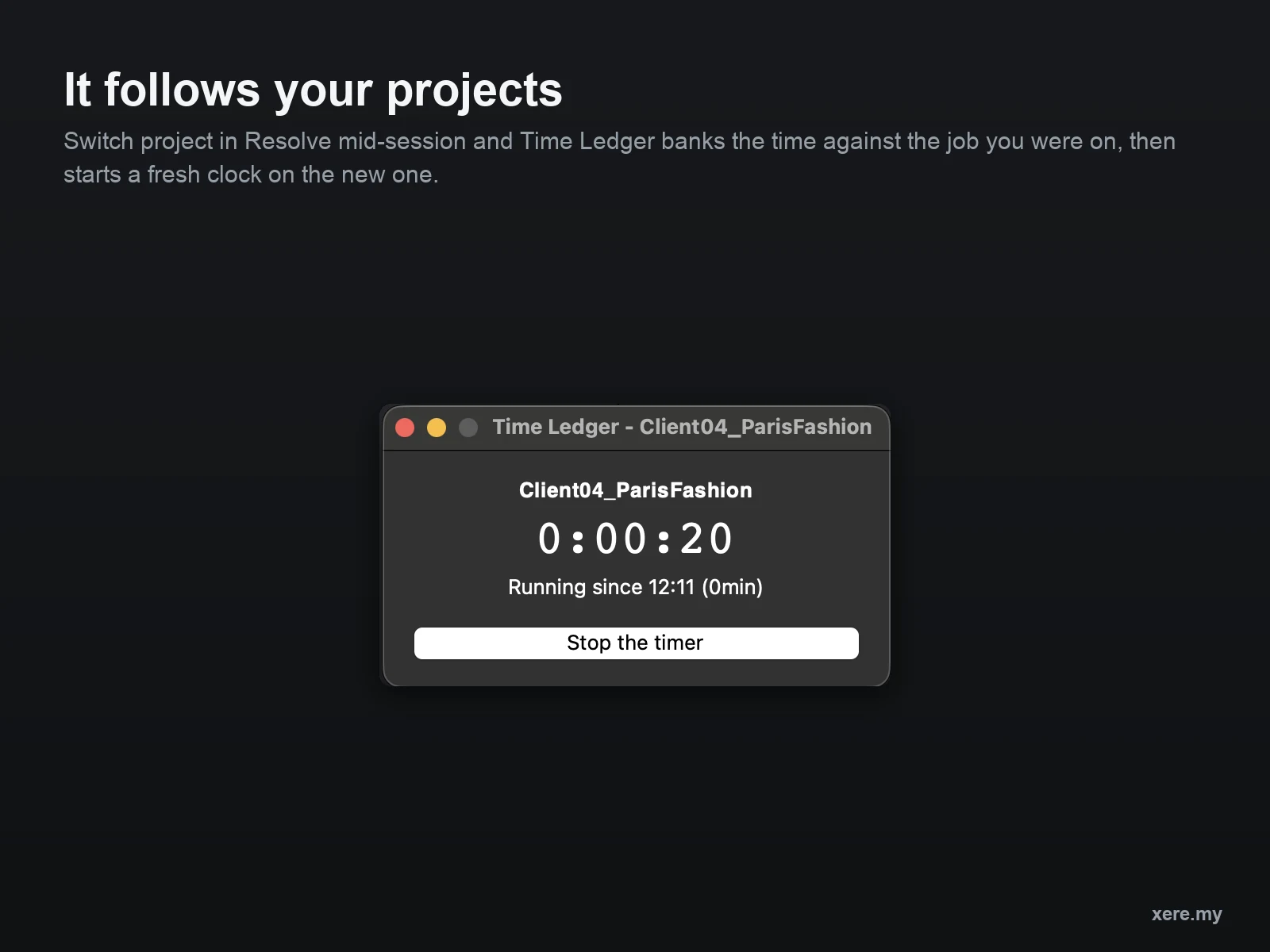 The Time Ledger compact clock running during a session in DaVinci Resolve