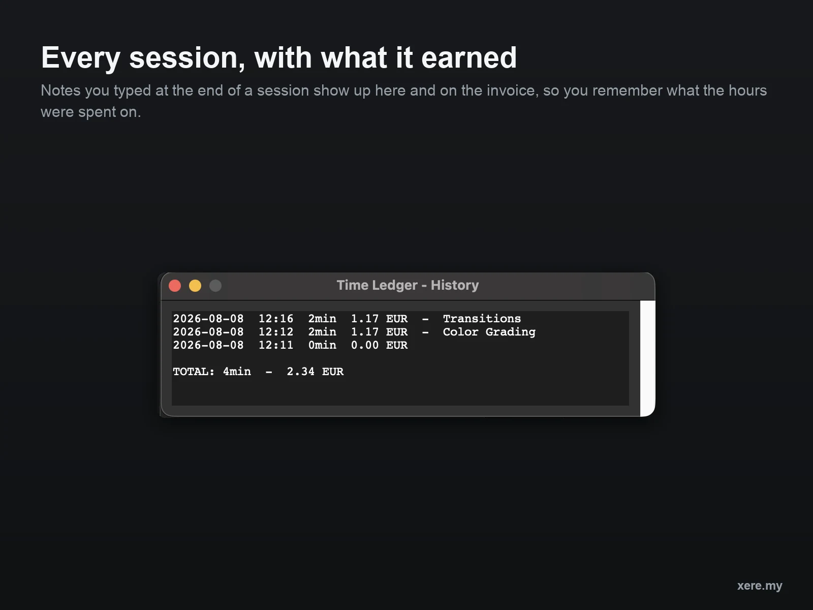 Every session with what it earned, newest first, and the notes you wrote