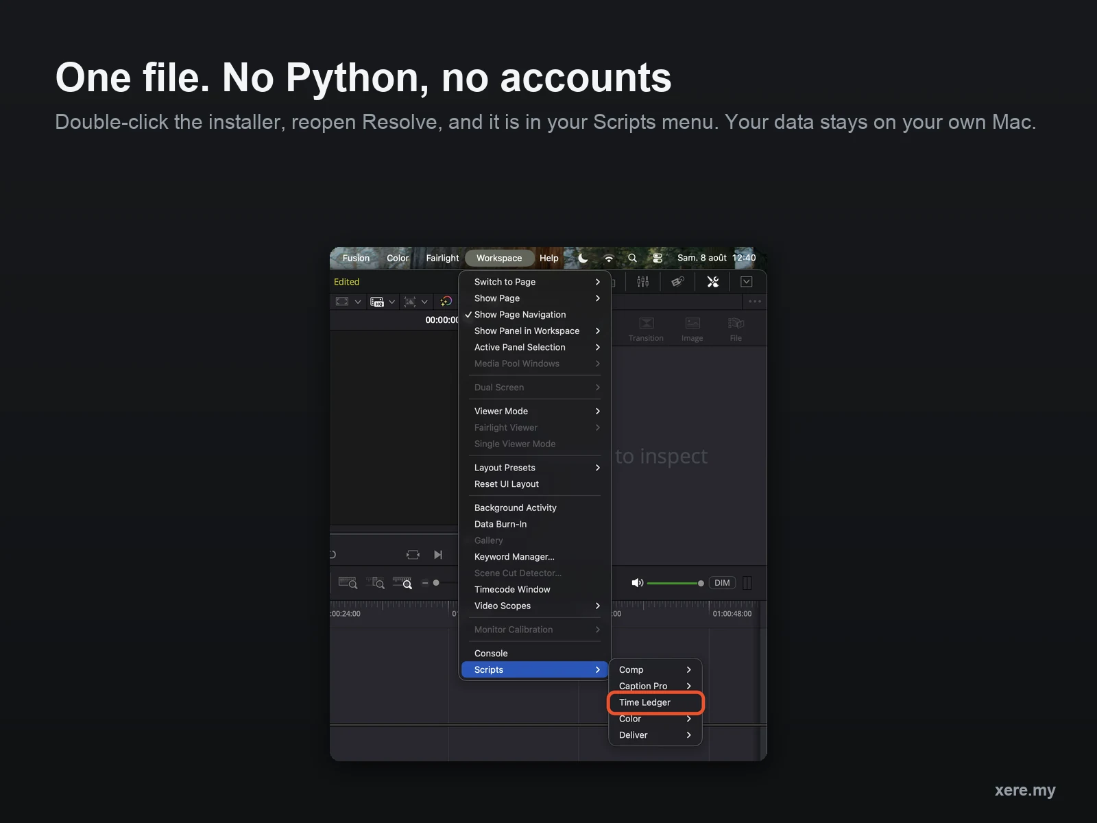 One entry in Resolve's Scripts menu after a double-click install