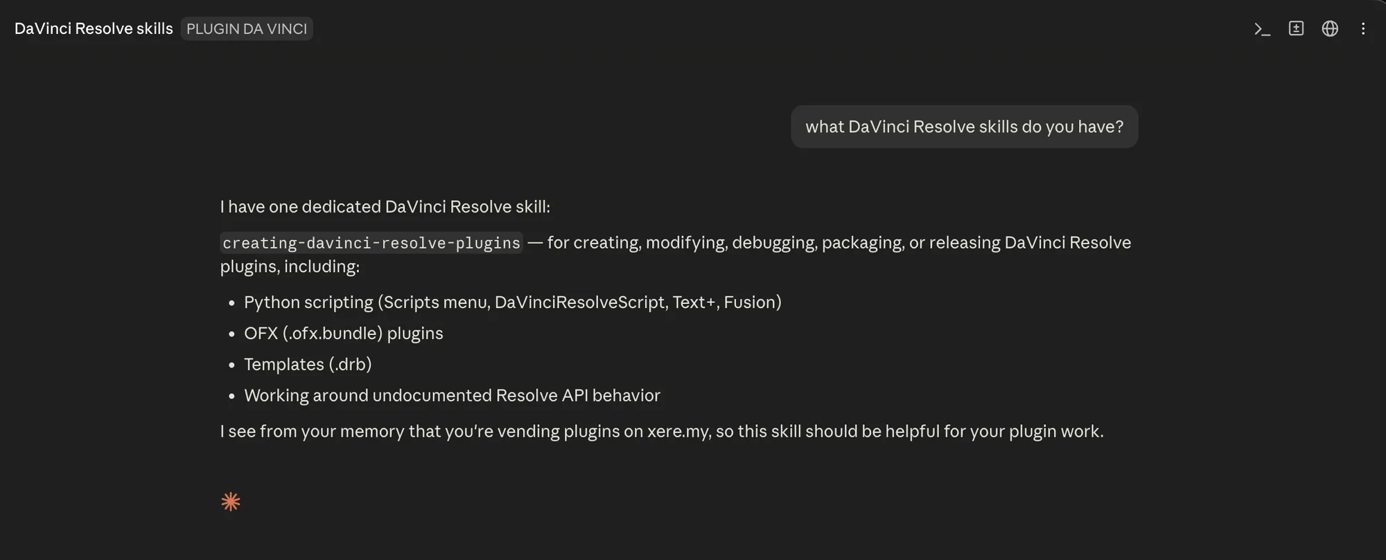 Claude Code confirming the DaVinci Resolve plugin skill is installed