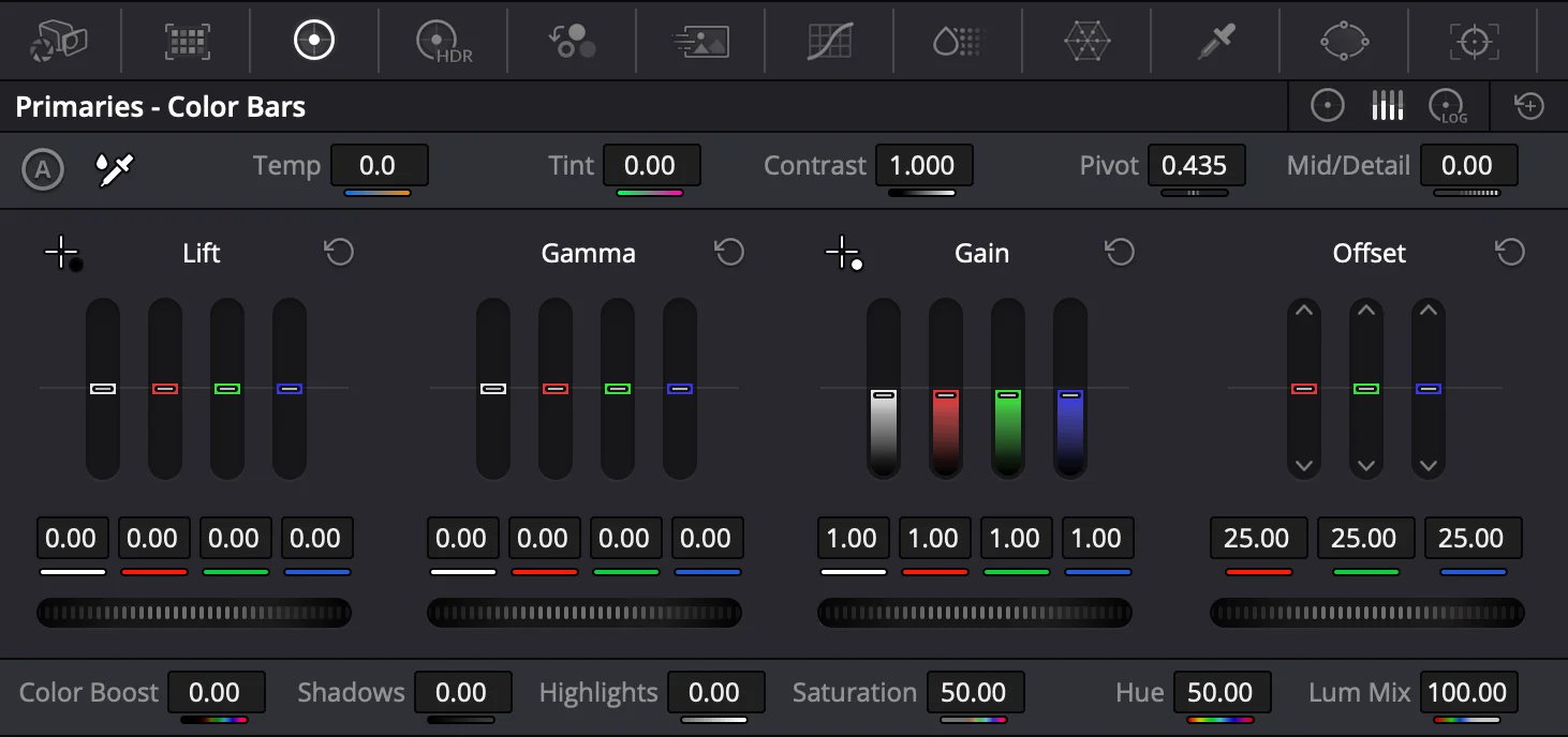 Color wheels showing chroma adjustments on Lift, Gamma, and Gain