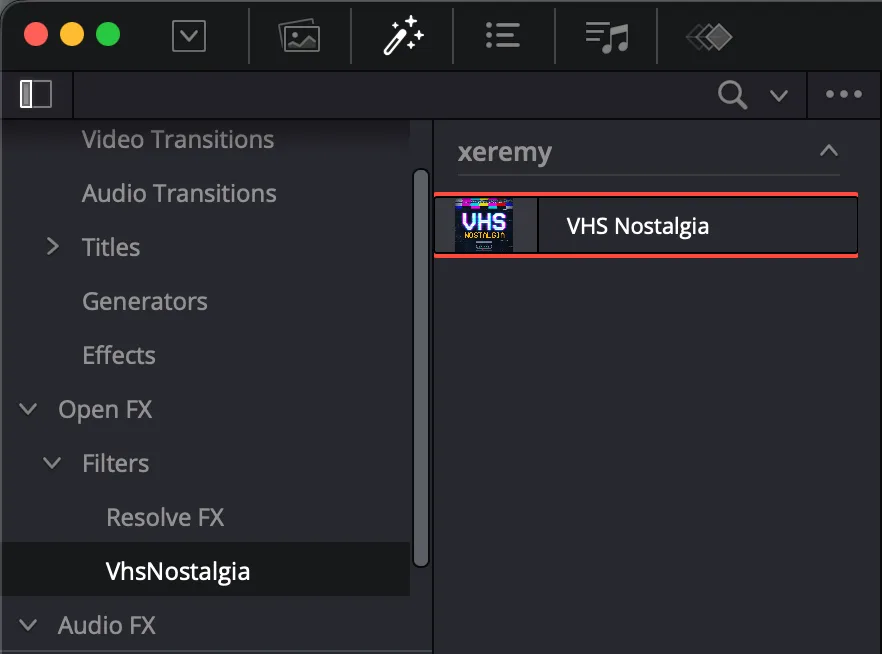 VHS Nostalgia visible in the Resolve Effects panel under the xeremy category