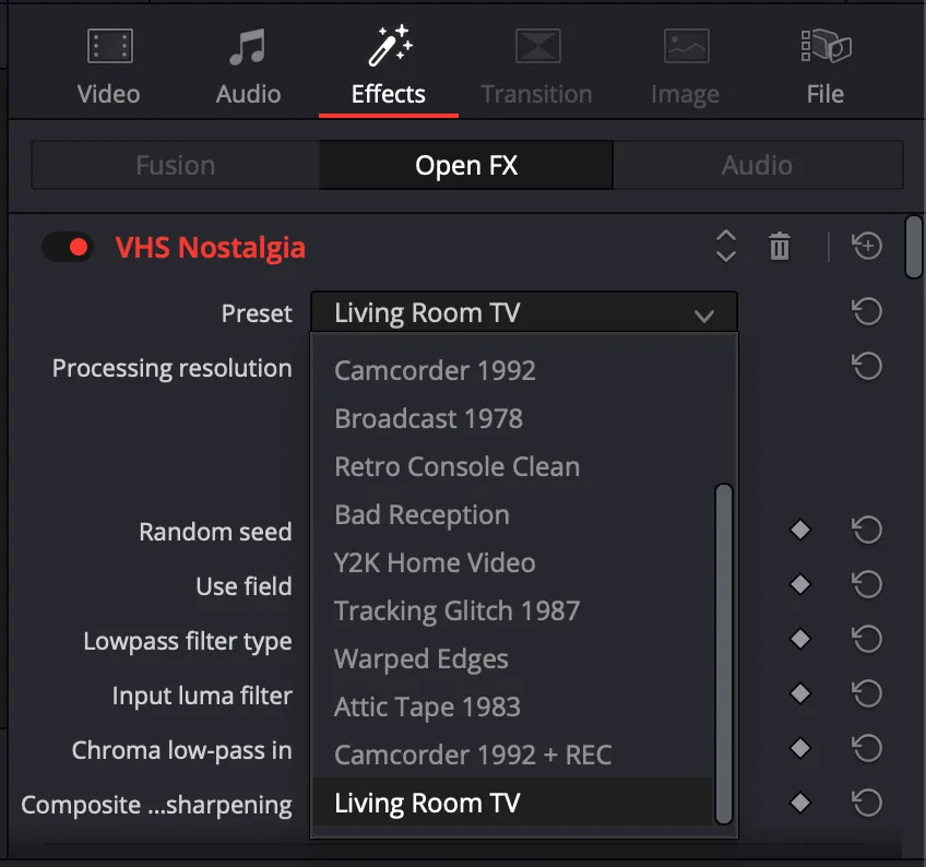 The Preset menu in VHS Nostalgia showing the 13 built-in looks