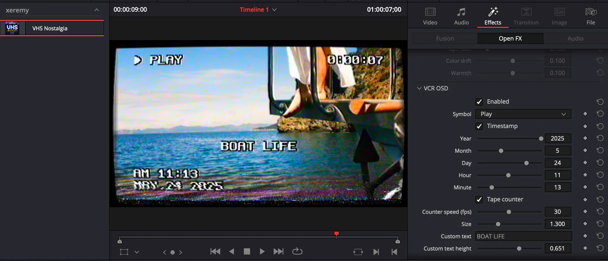 Real example in Resolve: Living Room TV preset with custom caption and timestamp