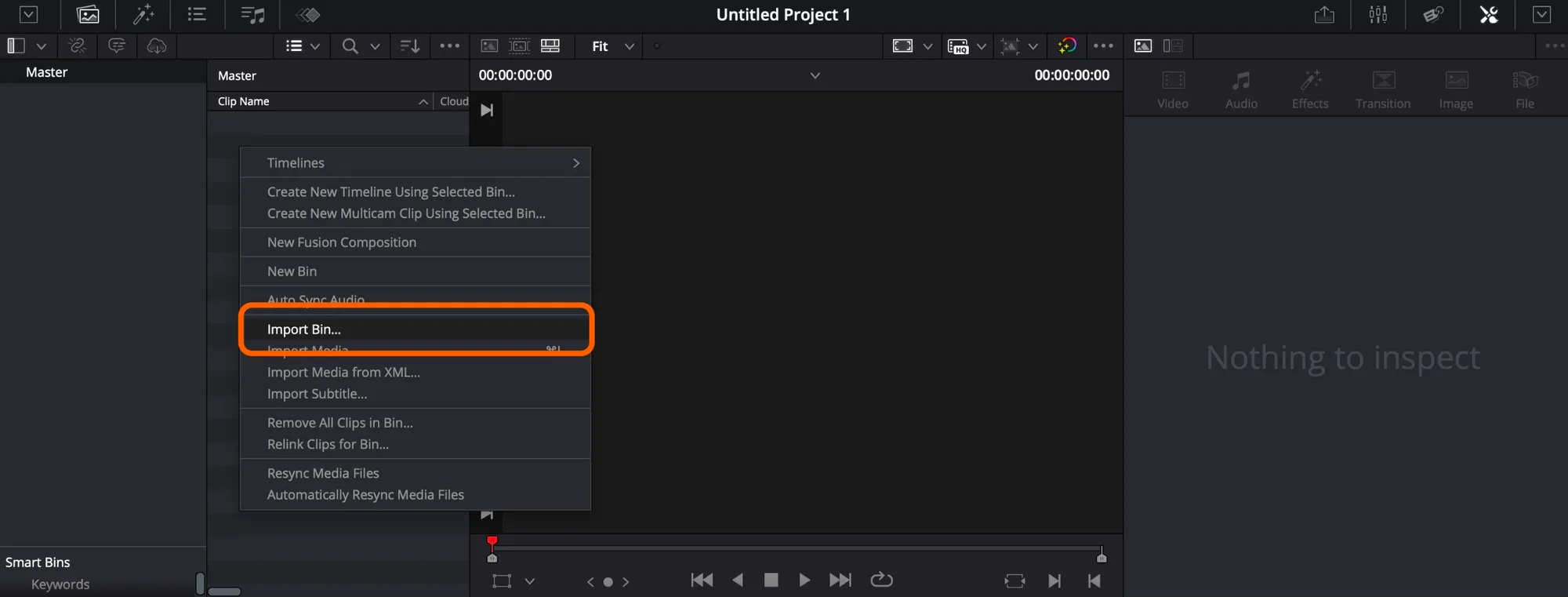 The right-click menu in the Media Pool with Import Bin highlighted