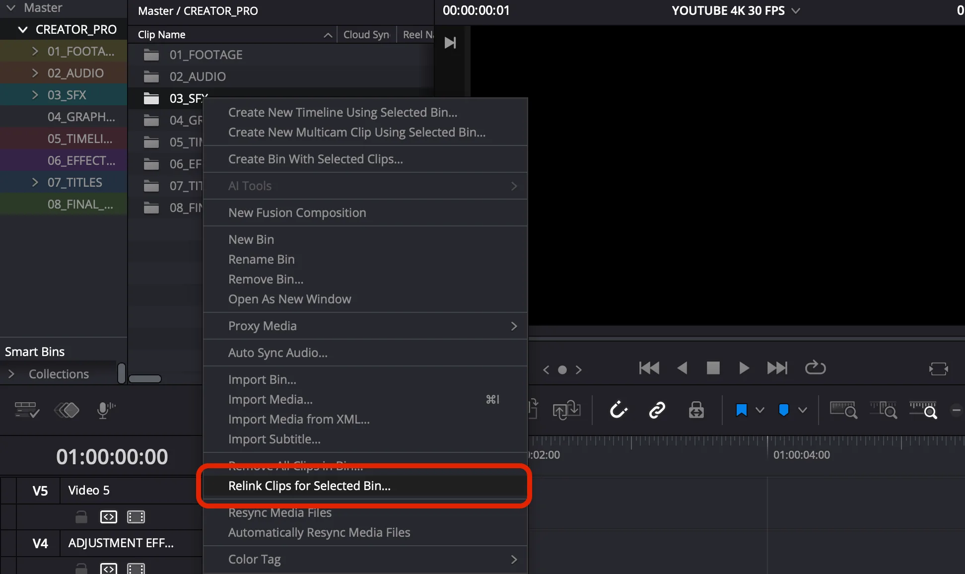 The Relink Source Folders dialog reconnecting the SFX library